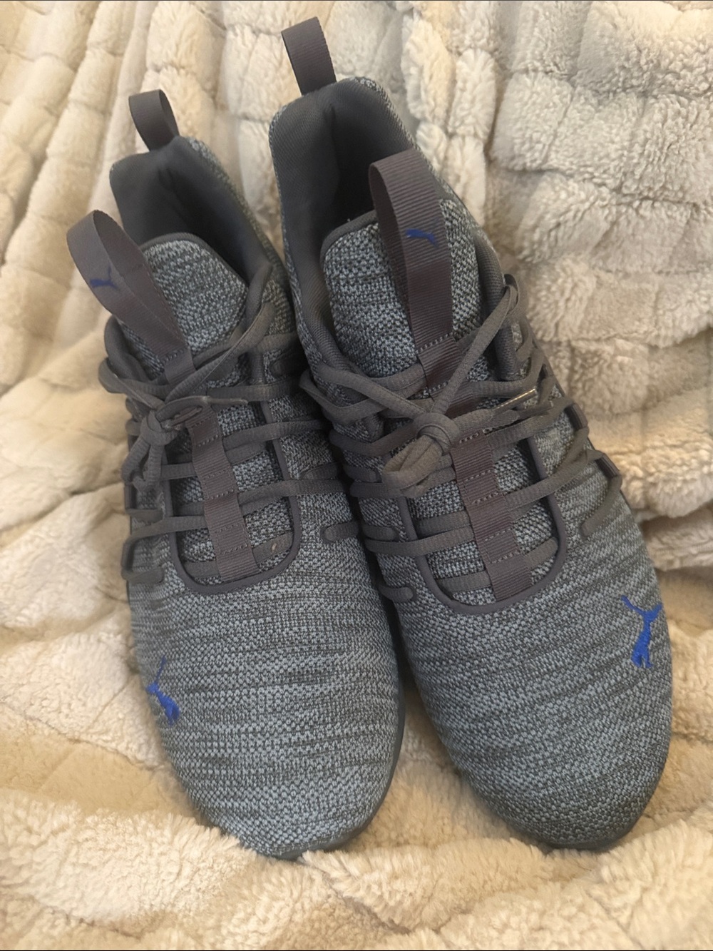 Puma Gray Knit Athletic Sneakers with Blue Logo